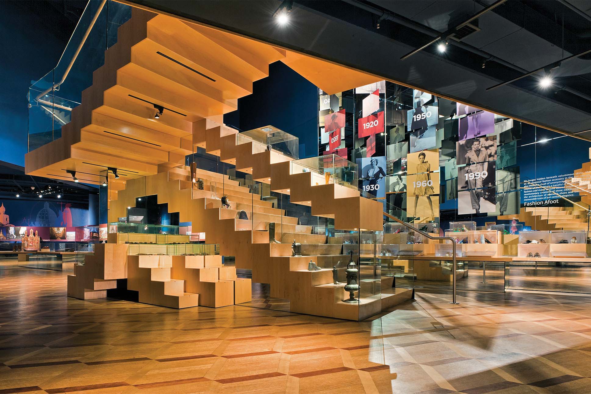 a staircase being used as a shoe exhibit